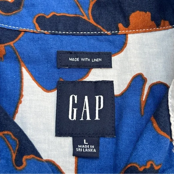GAP Linen Cotton Floral Camp Collar Button Down Shirt Blue Orange | Size: L - Picture 5 of 7